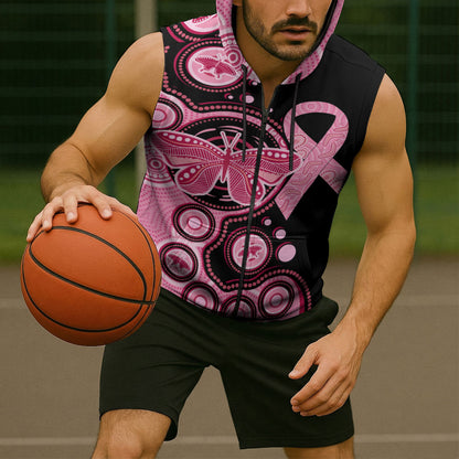 Australia Indigenous Sleeveless Zip Hoodie Breast Cancer Ribbon Butterfly Aboriginal Arts