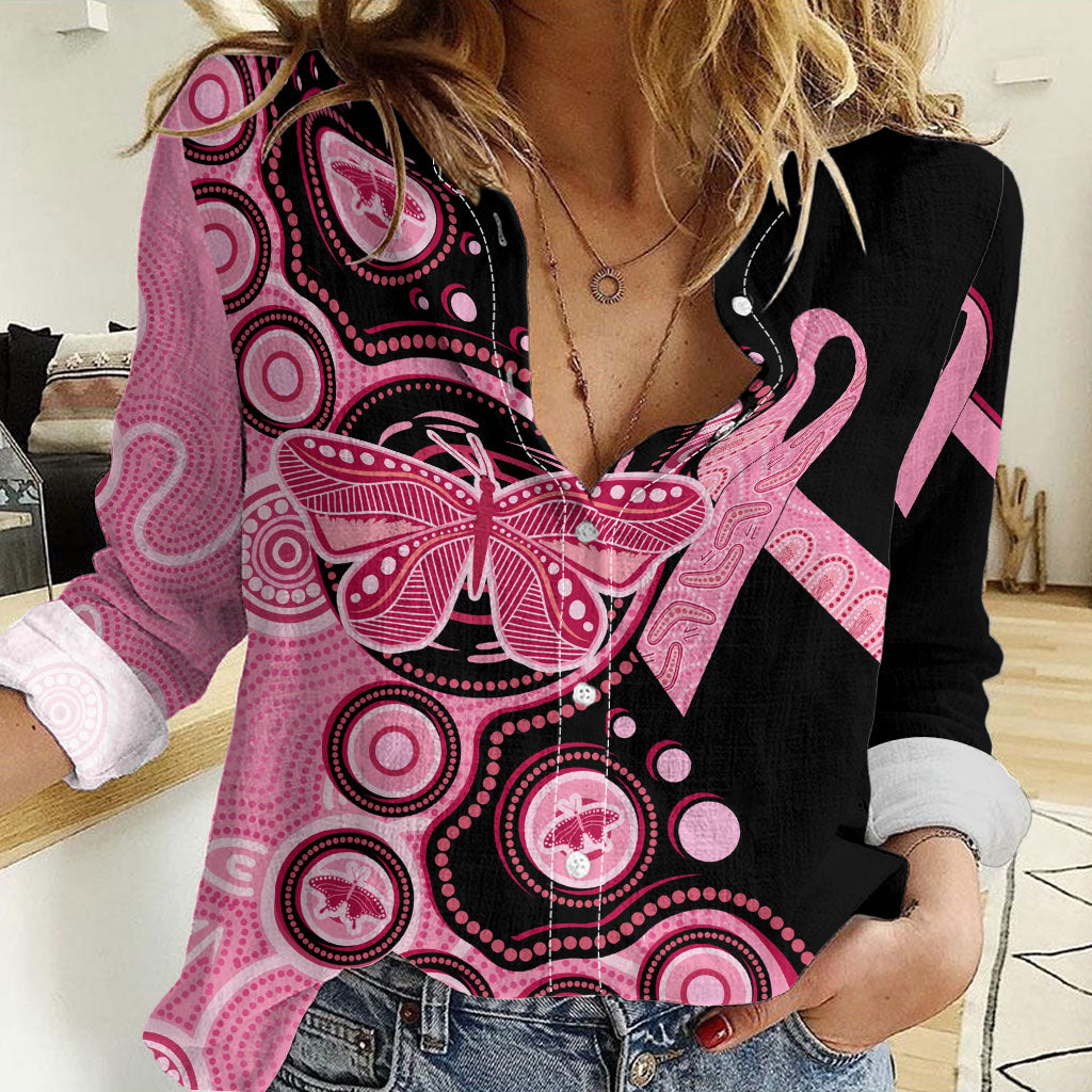 Australia Indigenous Women Casual Shirt Breast Cancer Ribbon Butterfly Aboriginal Arts