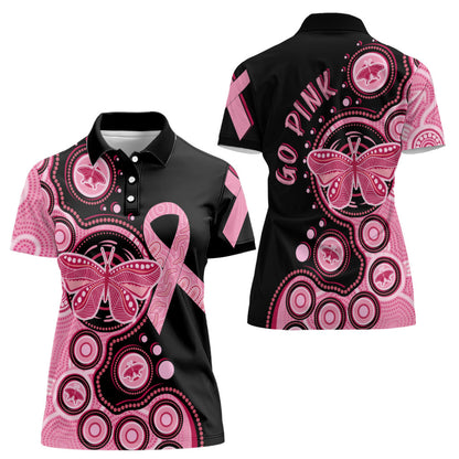 Australia Indigenous Women Polo Shirt Breast Cancer Ribbon Butterfly Aboriginal Arts