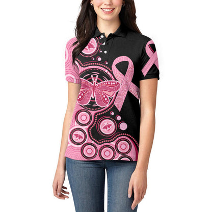 Australia Indigenous Women Polo Shirt Breast Cancer Ribbon Butterfly Aboriginal Arts