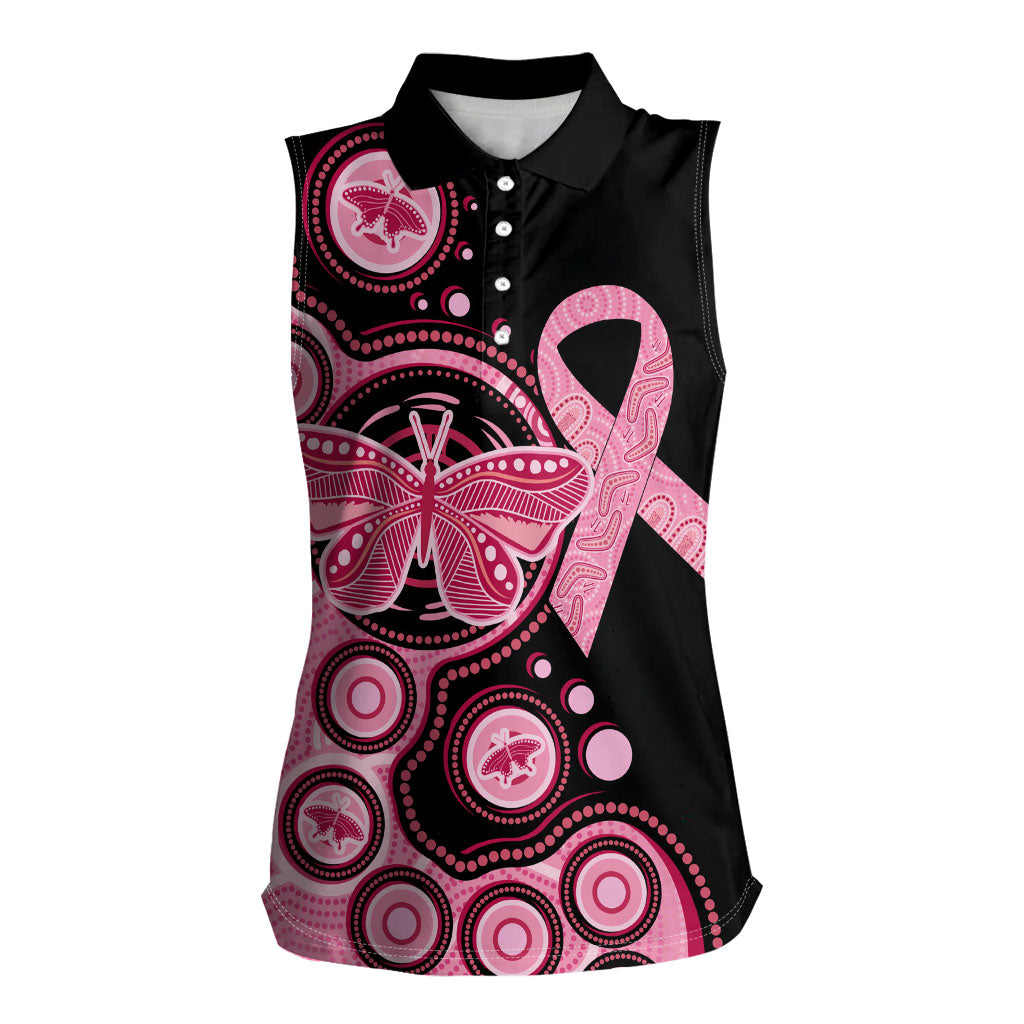 Australia Indigenous Women Sleeveless Polo Shirt Breast Cancer Ribbon Butterfly Aboriginal Arts