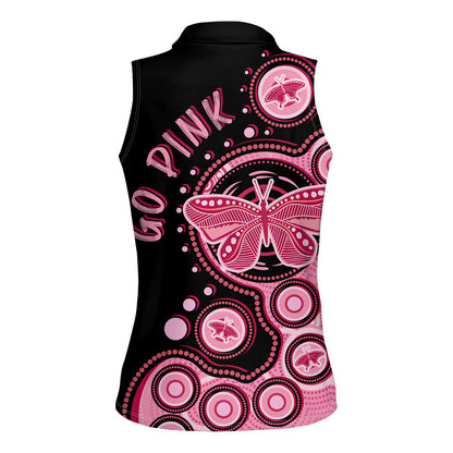Australia Indigenous Women Sleeveless Polo Shirt Breast Cancer Ribbon Butterfly Aboriginal Arts