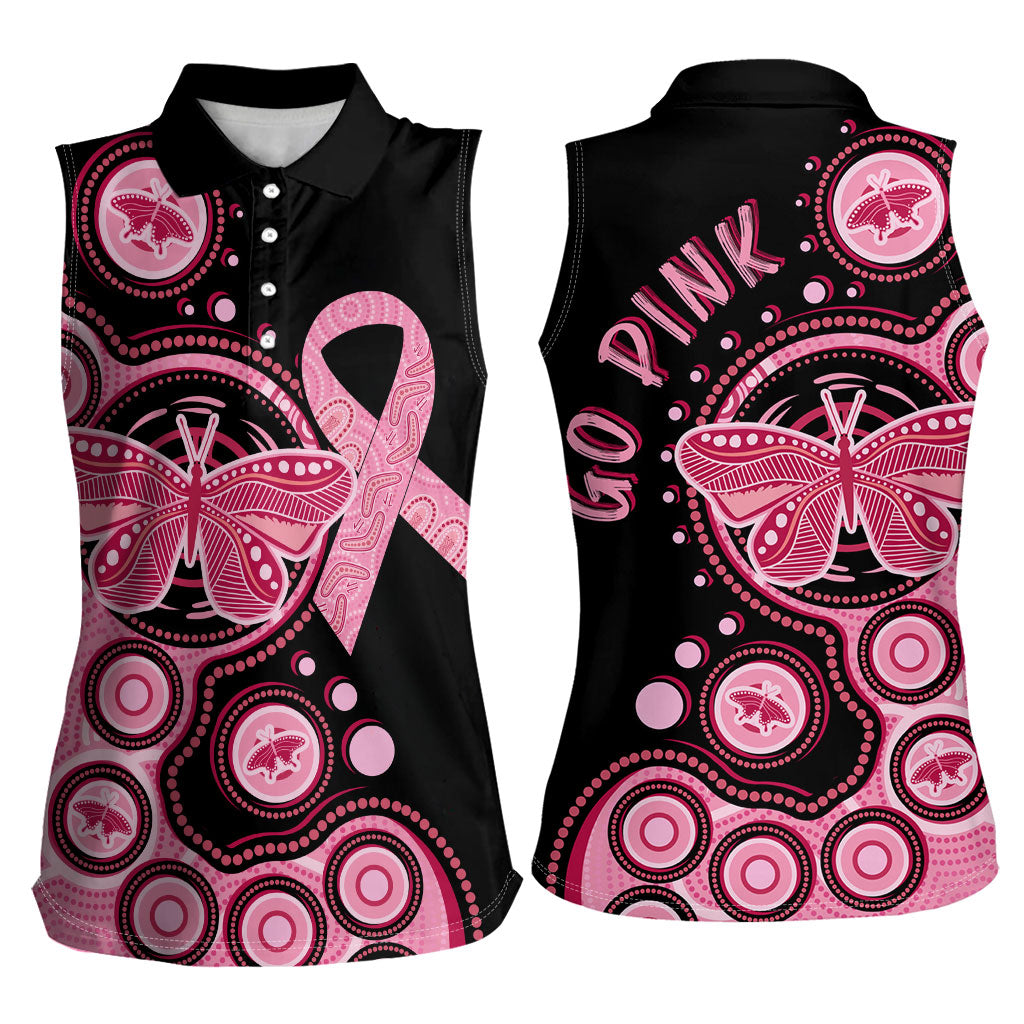 Australia Indigenous Women Sleeveless Polo Shirt Breast Cancer Ribbon Butterfly Aboriginal Arts