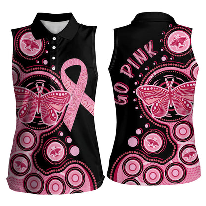 Australia Indigenous Women Sleeveless Polo Shirt Breast Cancer Ribbon Butterfly Aboriginal Arts