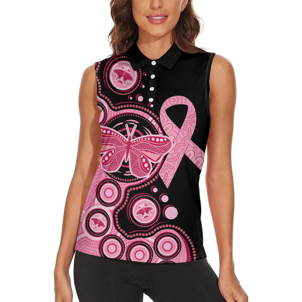 Australia Indigenous Women Sleeveless Polo Shirt Breast Cancer Ribbon Butterfly Aboriginal Arts