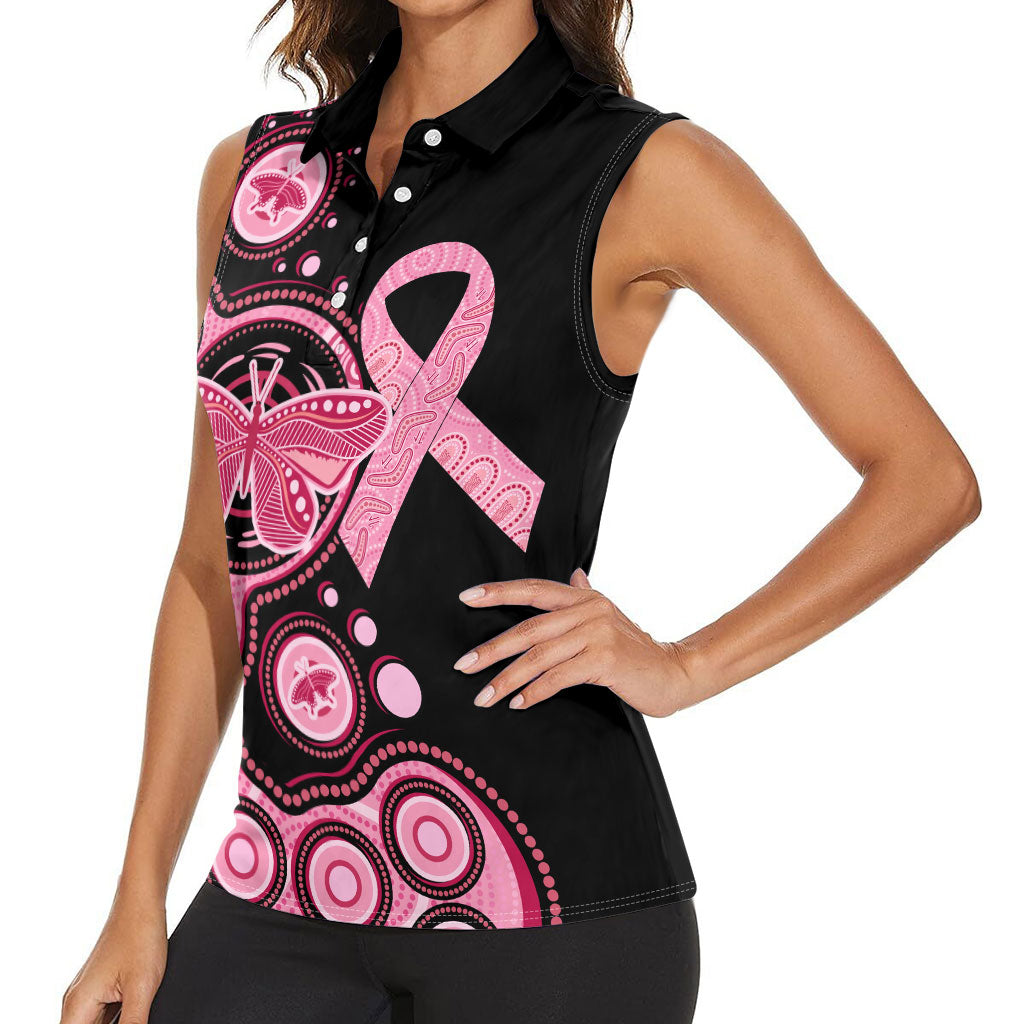 Australia Indigenous Women Sleeveless Polo Shirt Breast Cancer Ribbon Butterfly Aboriginal Arts