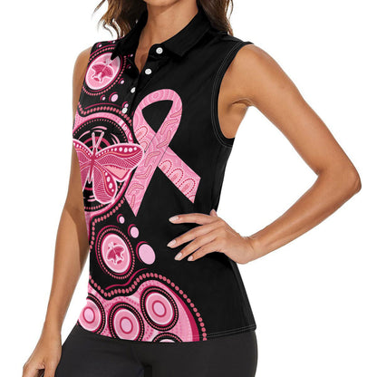 Australia Indigenous Women Sleeveless Polo Shirt Breast Cancer Ribbon Butterfly Aboriginal Arts