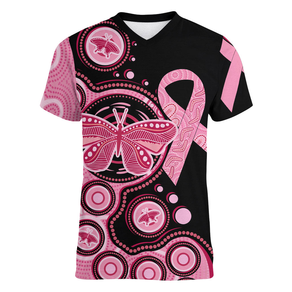 Australia Indigenous Women V-Neck T-Shirt Breast Cancer Ribbon Butterfly Aboriginal Arts