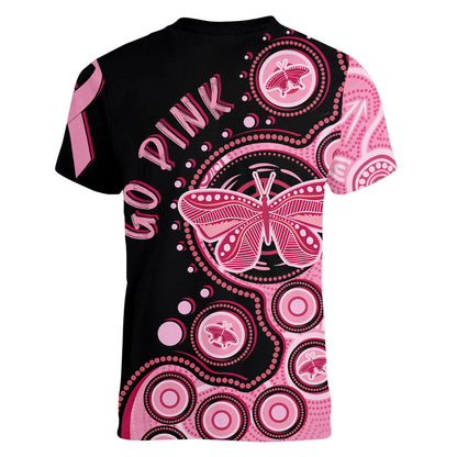Australia Indigenous Women V-Neck T-Shirt Breast Cancer Ribbon Butterfly Aboriginal Arts