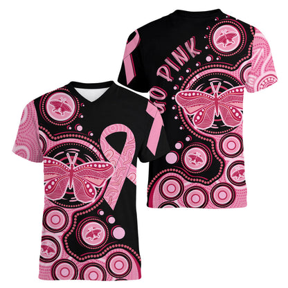 Australia Indigenous Women V-Neck T-Shirt Breast Cancer Ribbon Butterfly Aboriginal Arts