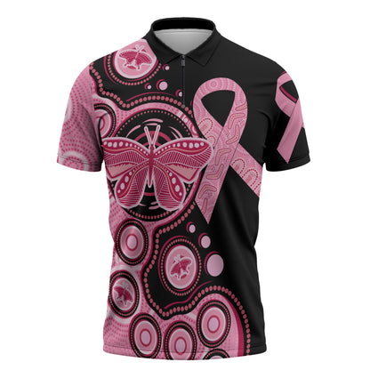 Australia Indigenous Zipper Polo Shirt Breast Cancer Ribbon Butterfly Aboriginal Arts