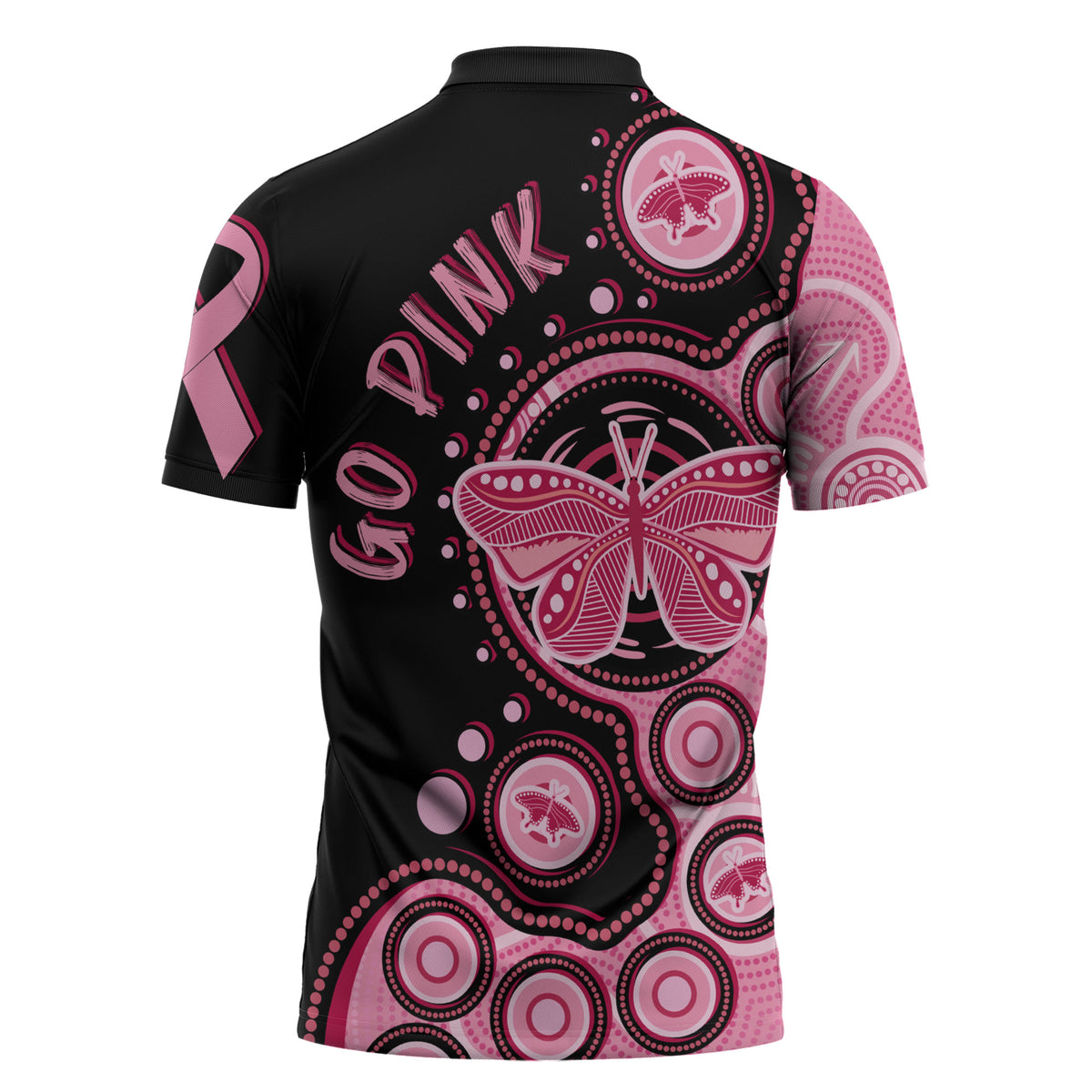 Australia Indigenous Zipper Polo Shirt Breast Cancer Ribbon Butterfly Aboriginal Arts