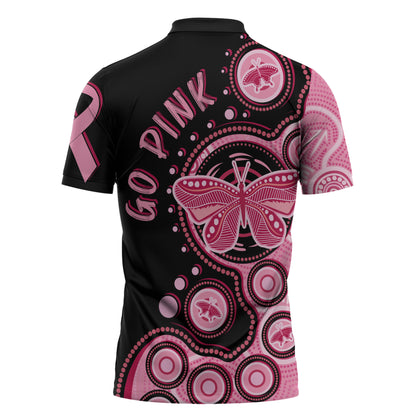 Australia Indigenous Zipper Polo Shirt Breast Cancer Ribbon Butterfly Aboriginal Arts