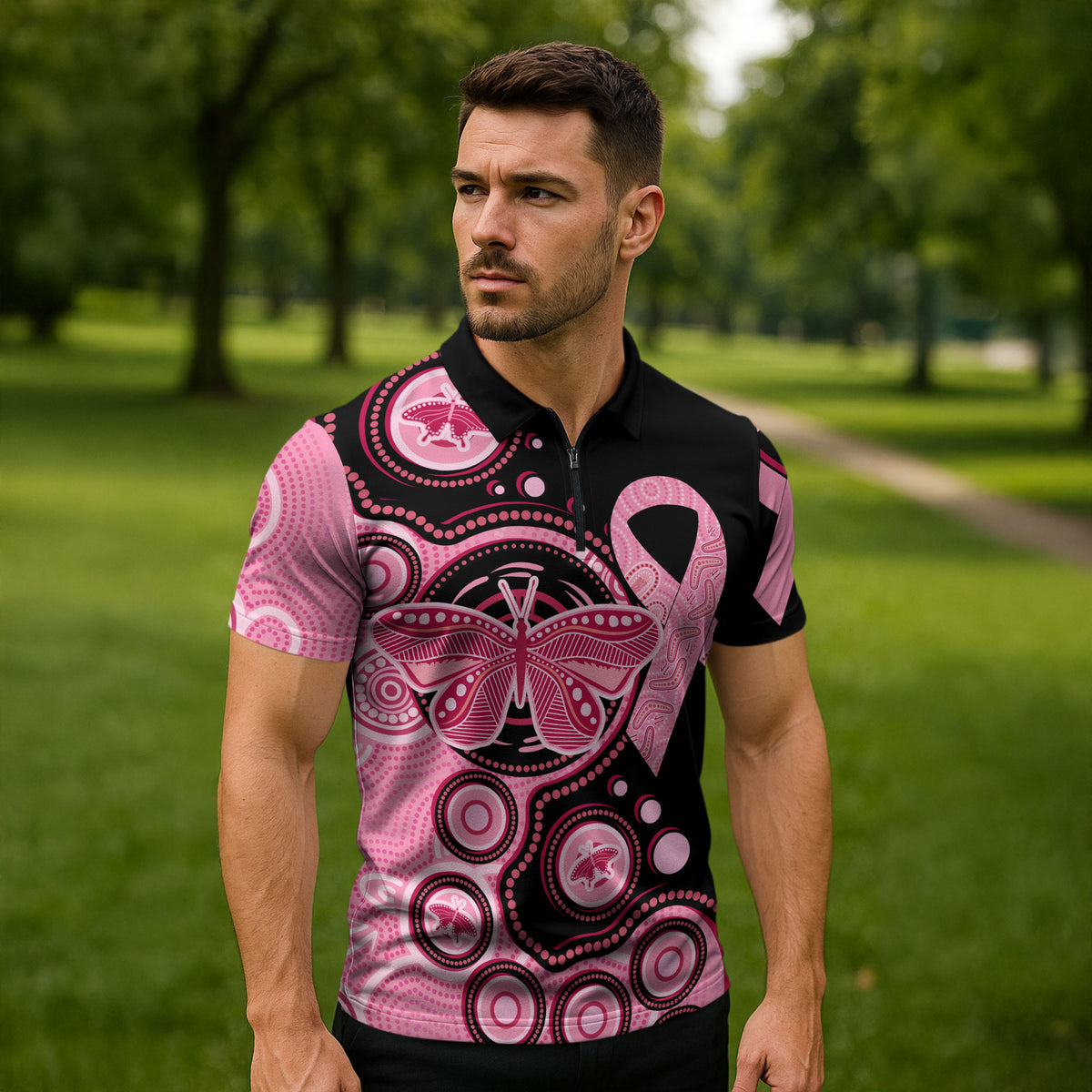 Australia Indigenous Zipper Polo Shirt Breast Cancer Ribbon Butterfly Aboriginal Arts