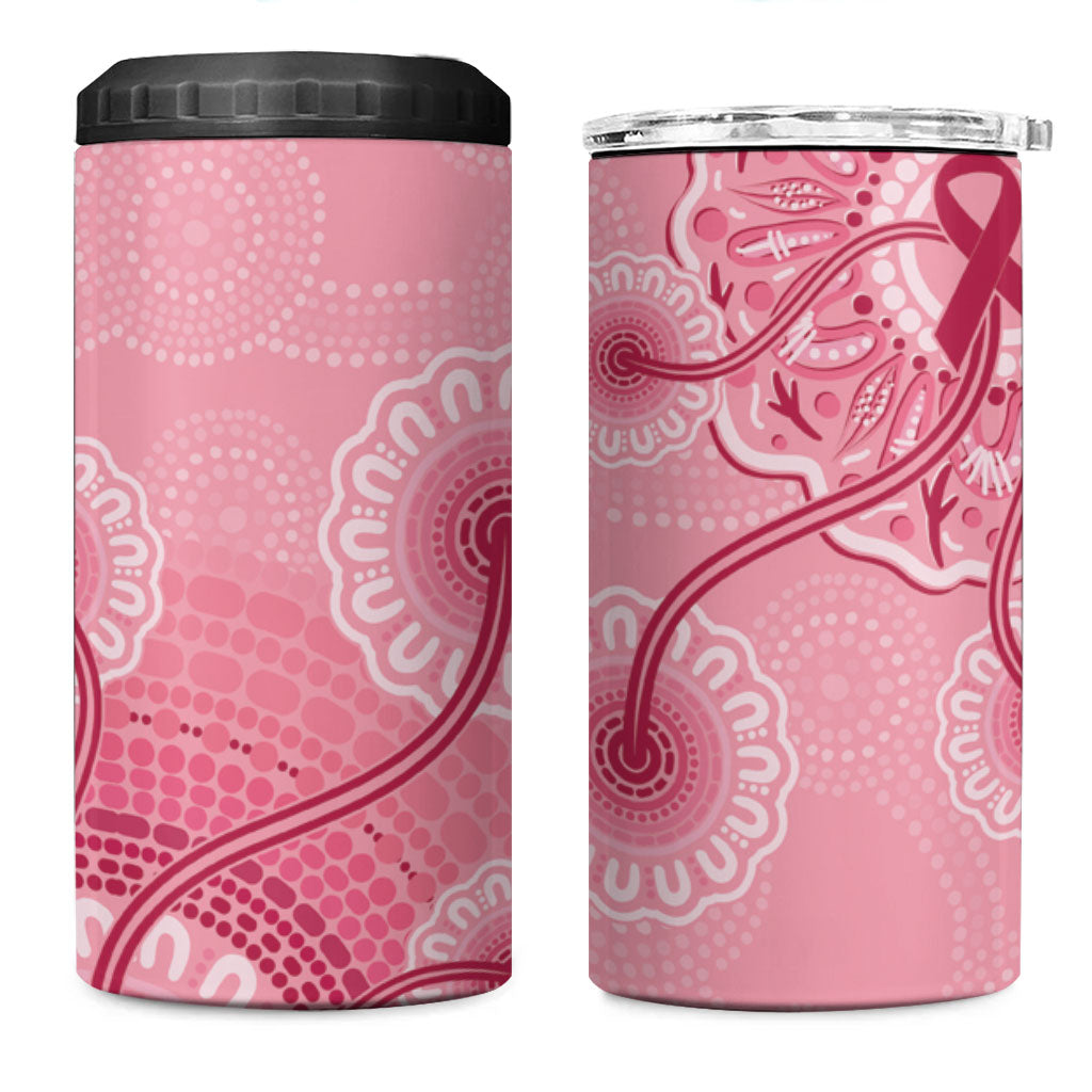 Australia Indigenous 4 in 1 Can Cooler Tumbler Breast Cancer Ribbon Aboriginal Art - Pink