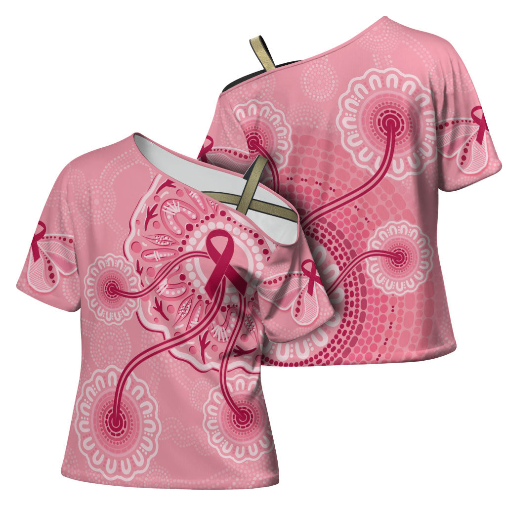 Australia Indigenous Cross Shoulder Shirt Breast Cancer Ribbon Aboriginal Art - Pink