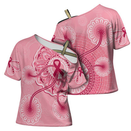 Australia Indigenous Cross Shoulder Shirt Breast Cancer Ribbon Aboriginal Art - Pink