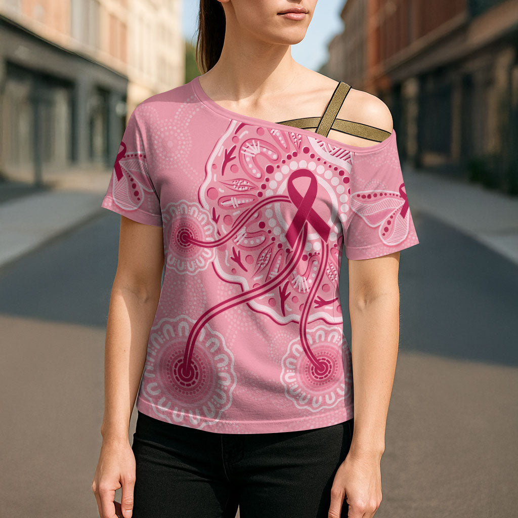 Australia Indigenous Cross Shoulder Shirt Breast Cancer Ribbon Aboriginal Art - Pink