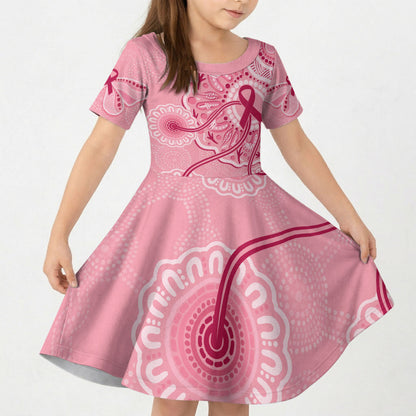 Australia Indigenous Kid Short Sleeve Dress Breast Cancer Ribbon Aboriginal Art - Pink
