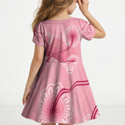 Australia Indigenous Kid Short Sleeve Dress Breast Cancer Ribbon Aboriginal Art - Pink