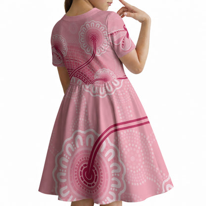 Australia Indigenous Kid Short Sleeve Dress Breast Cancer Ribbon Aboriginal Art - Pink