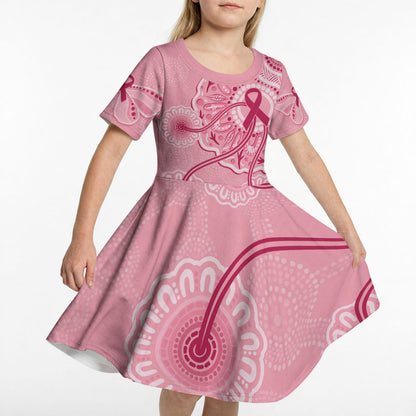 Australia Indigenous Kid Short Sleeve Dress Breast Cancer Ribbon Aboriginal Art - Pink