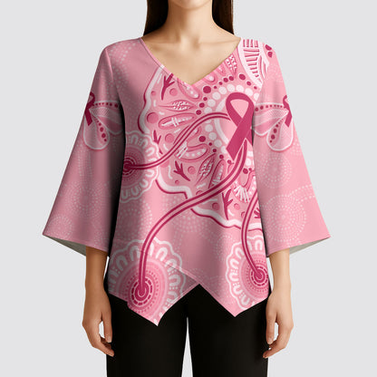 Australia Indigenous Kimono Sleeve Blouse Breast Cancer Ribbon Aboriginal Art - Pink