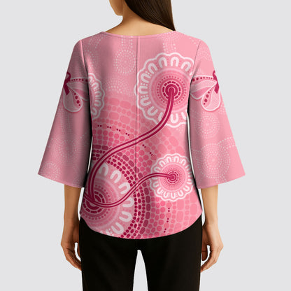 Australia Indigenous Kimono Sleeve Blouse Breast Cancer Ribbon Aboriginal Art - Pink