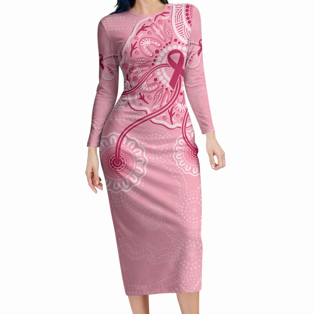 Australia Indigenous Long Sleeve Bodycon Dress Breast Cancer Ribbon Aboriginal Art - Pink