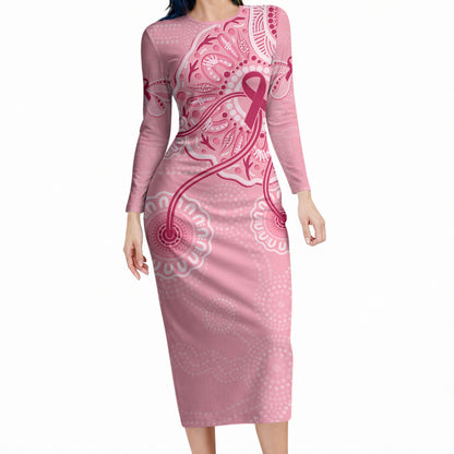 Australia Indigenous Long Sleeve Bodycon Dress Breast Cancer Ribbon Aboriginal Art - Pink