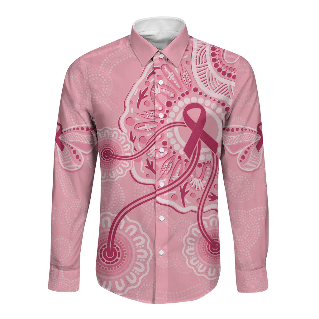Australia Indigenous Long Sleeve Button Shirt Breast Cancer Ribbon Aboriginal Art - Pink