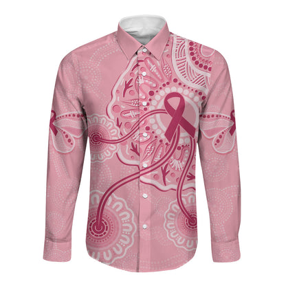 Australia Indigenous Long Sleeve Button Shirt Breast Cancer Ribbon Aboriginal Art - Pink