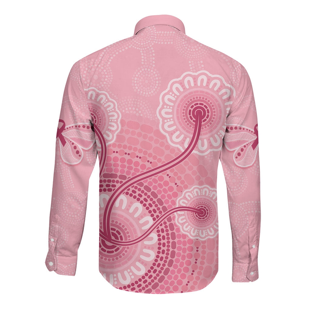 Australia Indigenous Long Sleeve Button Shirt Breast Cancer Ribbon Aboriginal Art - Pink