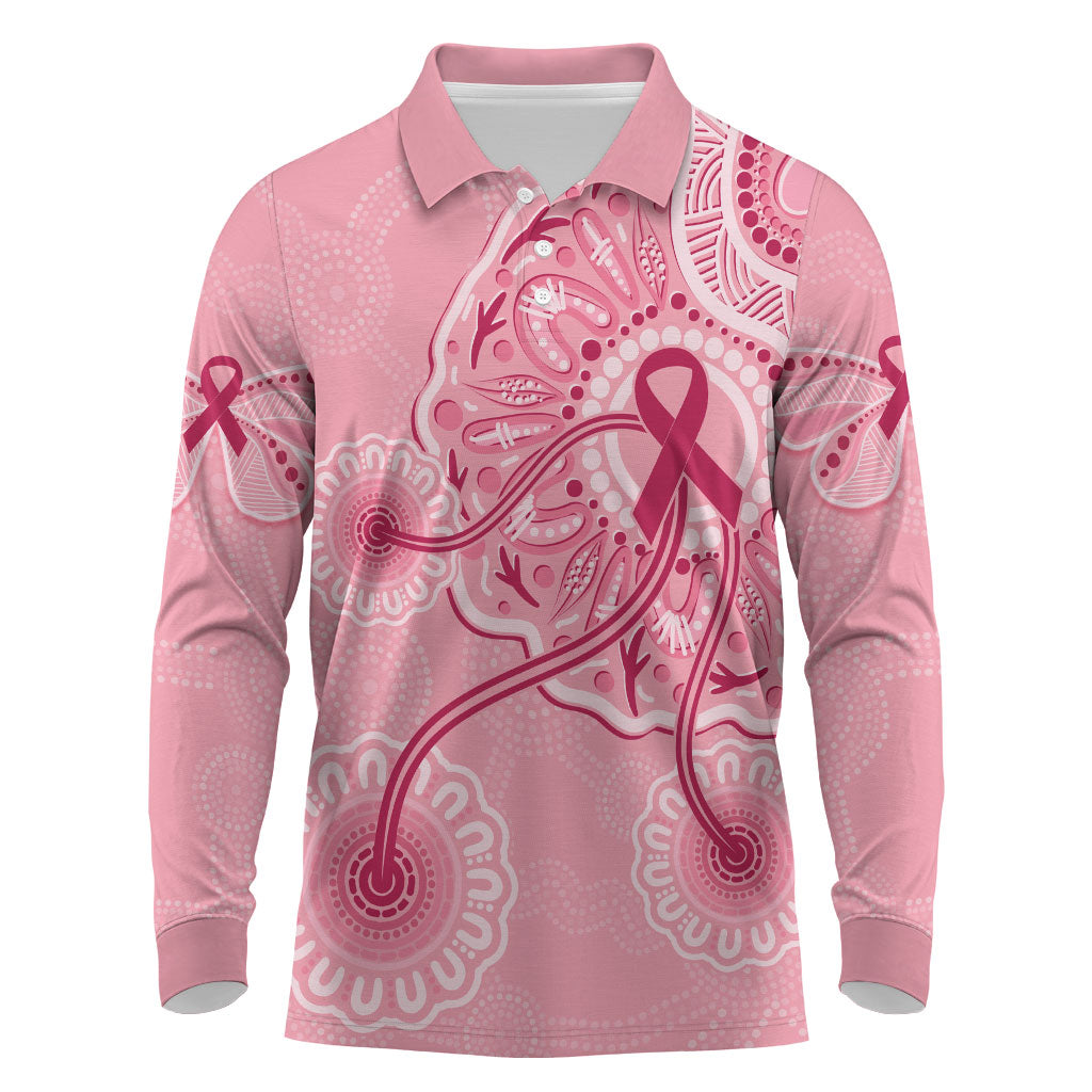 Australia Indigenous Long Sleeve Polo Shirt Breast Cancer Ribbon Aboriginal Art - Pink