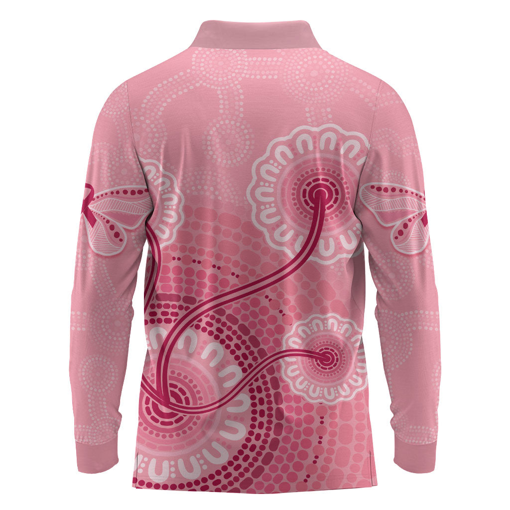 Australia Indigenous Long Sleeve Polo Shirt Breast Cancer Ribbon Aboriginal Art - Pink