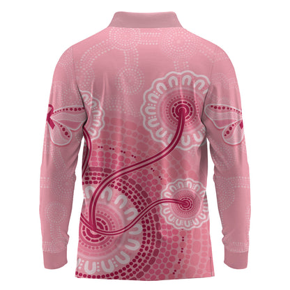 Australia Indigenous Long Sleeve Polo Shirt Breast Cancer Ribbon Aboriginal Art - Pink