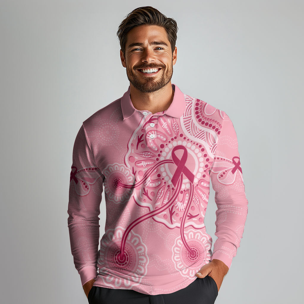 Australia Indigenous Long Sleeve Polo Shirt Breast Cancer Ribbon Aboriginal Art - Pink