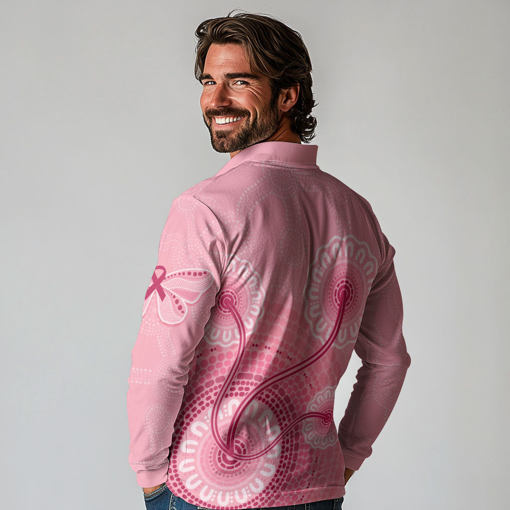 Australia Indigenous Long Sleeve Polo Shirt Breast Cancer Ribbon Aboriginal Art - Pink