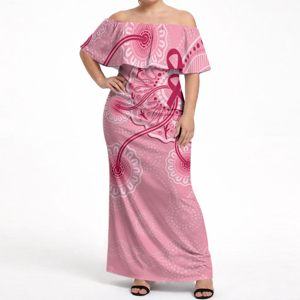 Australia Indigenous Off Shoulder Maxi Dress Breast Cancer Ribbon Aboriginal Art - Pink