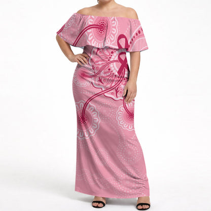 Australia Indigenous Off Shoulder Maxi Dress Breast Cancer Ribbon Aboriginal Art - Pink