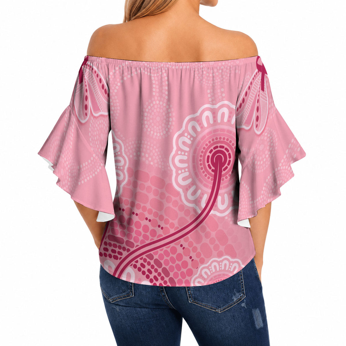 Australia Indigenous Off Shoulder Wrap Waist Top Breast Cancer Ribbon Aboriginal Art - Pink