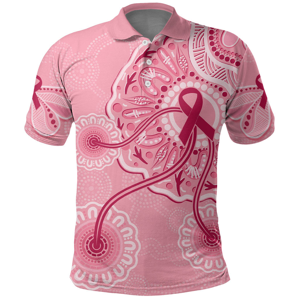 Australia Indigenous Polo Shirt Breast Cancer Ribbon Aboriginal Art - Pink