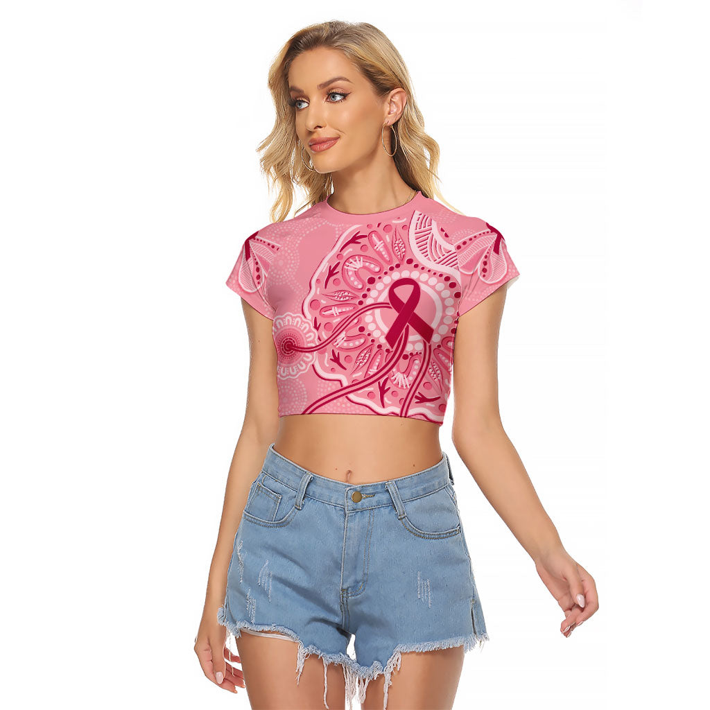 Australia Indigenous Raglan Cropped T Shirt Breast Cancer Ribbon Aboriginal Art - Pink