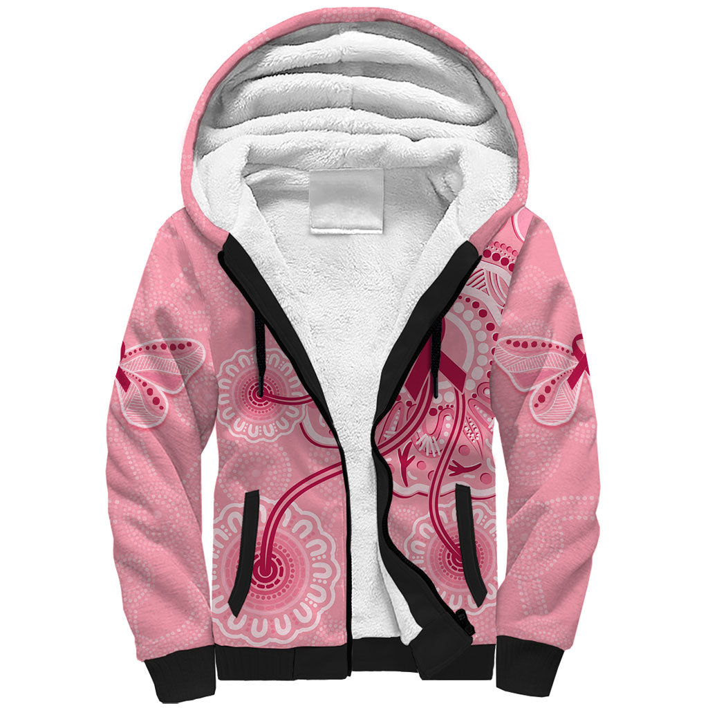 Australia Indigenous Sherpa Hoodie Breast Cancer Ribbon Aboriginal Art - Pink