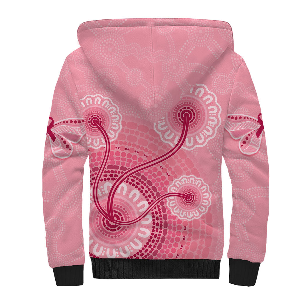 Australia Indigenous Sherpa Hoodie Breast Cancer Ribbon Aboriginal Art - Pink