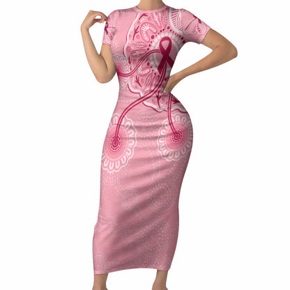 Australia Indigenous Short Sleeve Bodycon Dress Breast Cancer Ribbon Aboriginal Art - Pink