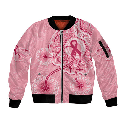 Australia Indigenous Sleeve Zip Bomber Jacket Breast Cancer Ribbon Aboriginal Art - Pink