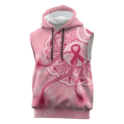 Australia Indigenous Sleeveless Hoodie Breast Cancer Ribbon Aboriginal Art - Pink