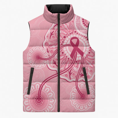 Australia Indigenous Sleeveless Puffer Jacket Breast Cancer Ribbon Aboriginal Art - Pink