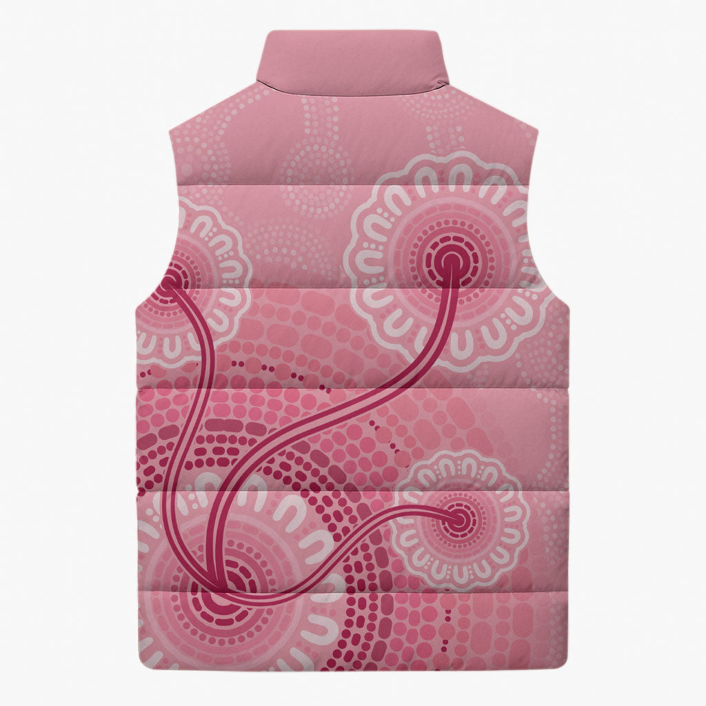 Australia Indigenous Sleeveless Puffer Jacket Breast Cancer Ribbon Aboriginal Art - Pink